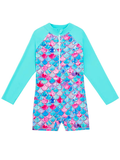 Girls Kids One-Piece Long Sleeve Sport 3D Scale Print Beach Boyleg Shorts Swimming Bathing Swimsuit Suit