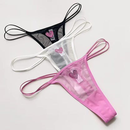 Women Lace Mesh Transparent Rhinestones Heart G-String T-Back Briefs Thong Panties Underwear