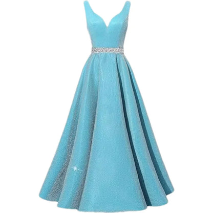 Women Glitter Satin Prom Long Corset V-Neck Beaded Belt Formal Evening Party Dress w/ Pockets