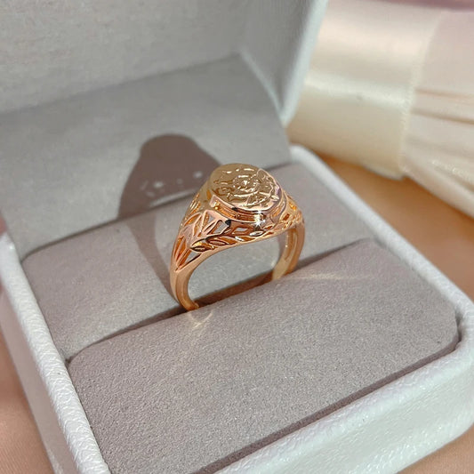 Women Trendy 585 Rose Gold Signet Glossy Hollow Carve Wave Ethnic Engraved Rings
