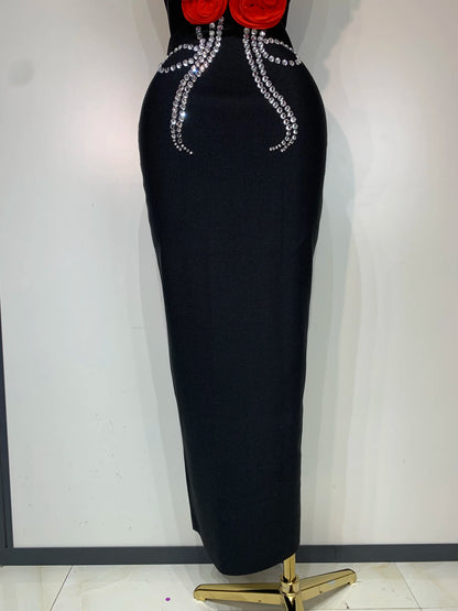 Sexy Strapless 3D Flowers Diamond Black Midi Bandage Elegant Evening Party Night Birthday Dress