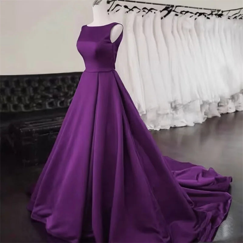 Women's Scoop Neck Sweep Train Prom Backless A-line Satin Long Formal Evening Party Dress w/ Pockets