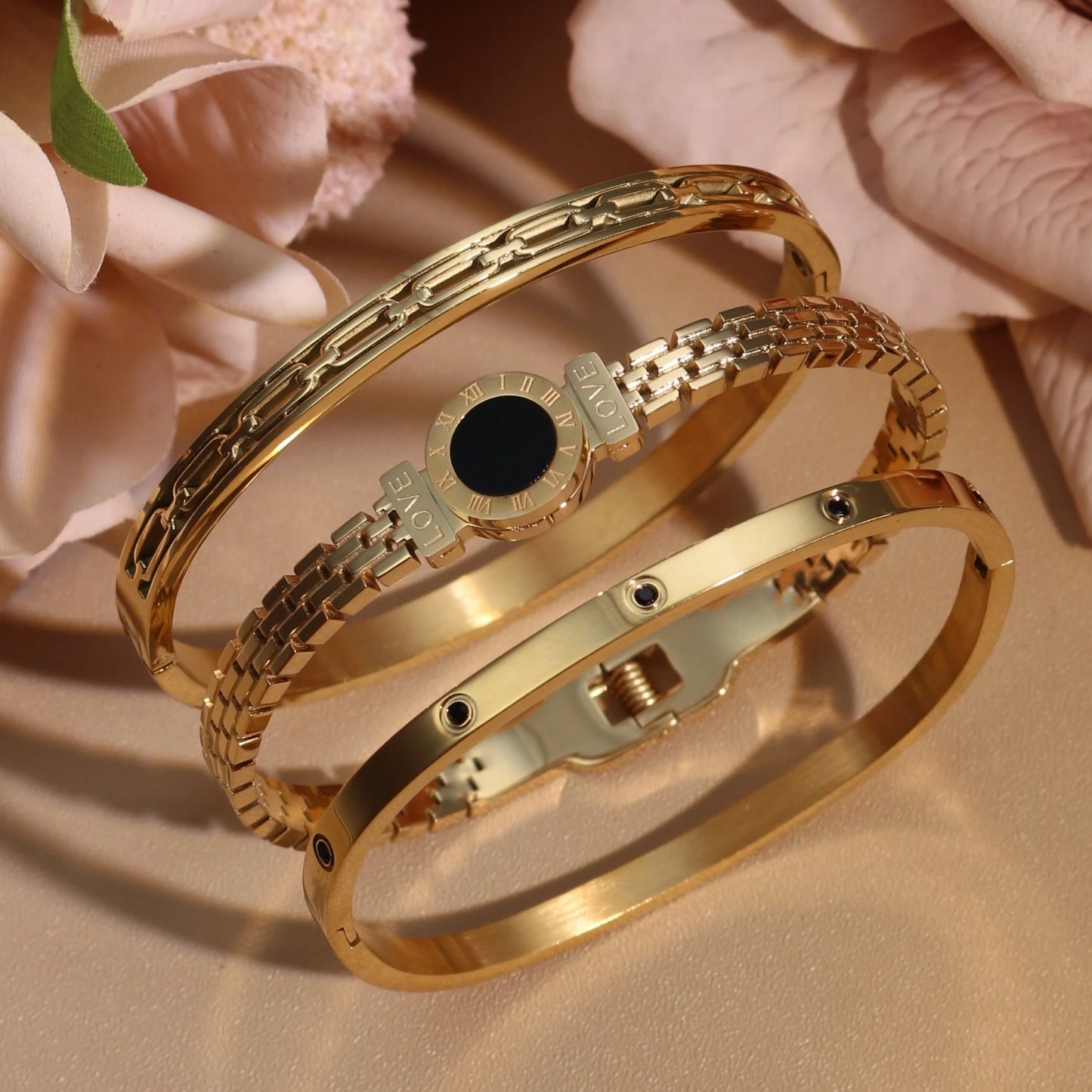 Stainless Steel Zircon Roman Numeral Chain Design Women Bracelet Bangle