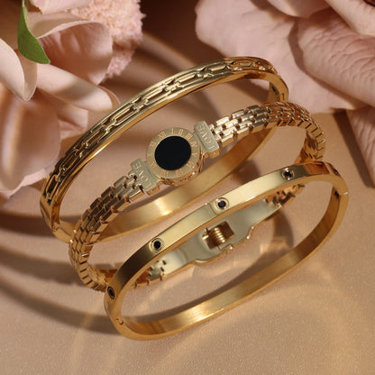 Stainless Steel Zircon Roman Numeral Chain Design Women Bracelet Bangle