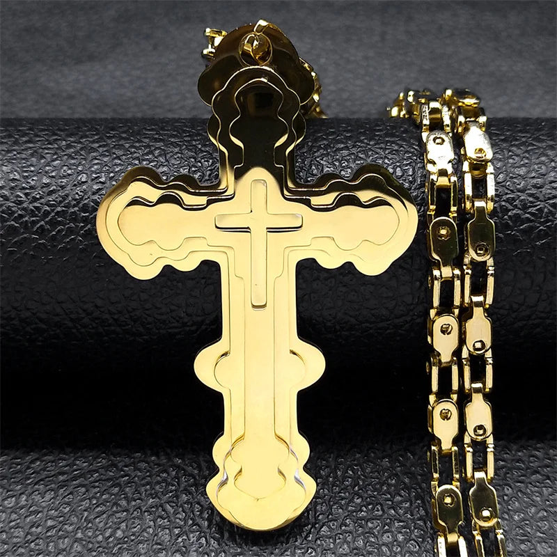 Men Big Cross Jesus Stainless Steel Gold Color Christ God Chain Necklace