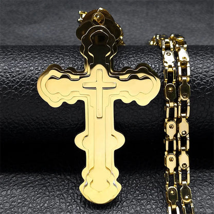 Men Big Cross Jesus Stainless Steel Gold Color Christ God Chain Necklace