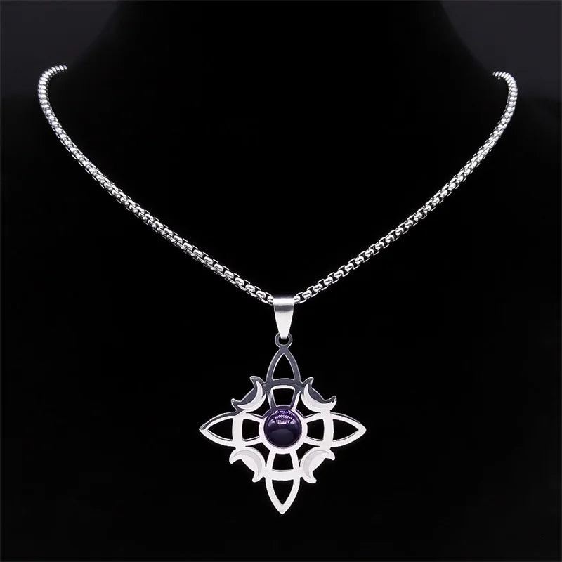 Stainless Steel Natural Stone Witch Amulet Wicca Celtic Knot Triple Moon Goddess Necklace