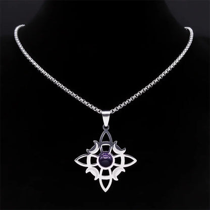 Stainless Steel Natural Stone Witch Amulet Wicca Celtic Knot Triple Moon Goddess Necklace