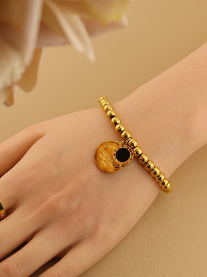 Women Fashion Cutout Medallion Pendant Elastic Rope Stainless Steel Bead Chain Bracelet