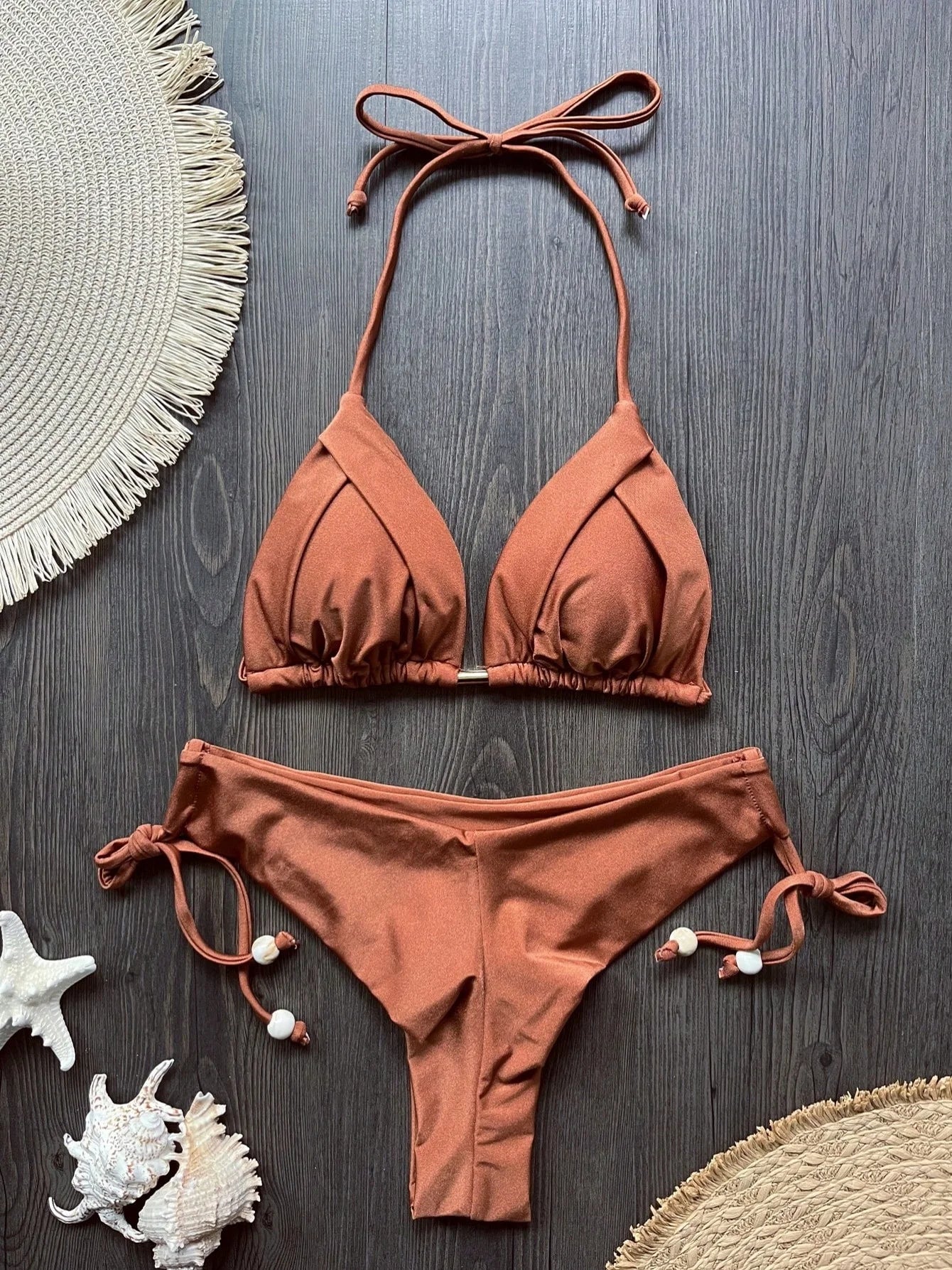 Women Lace Up Brazilian Thong Solid White/Black/Coffee Halter Swimsuit Bathing Beachwear Suit