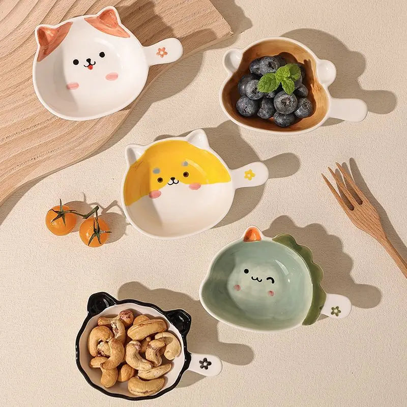 Ceramics Snack Cartoon Animals Saucer Dipping Sauce Dish Handle Dinner Plate Pot