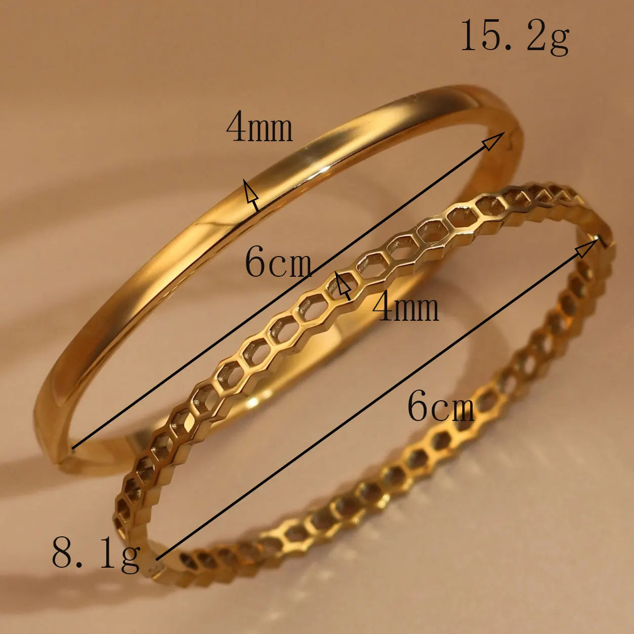 4mm Women's Stainless Steel Crystal Shell Design 18K Gold Plated 2-in-1 Bracelet Bangle