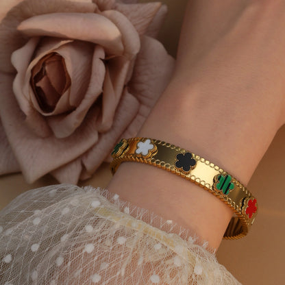 Women Acrylic Flower Shape Stainless Steel 18k Gold Color Bracelet Bangles
