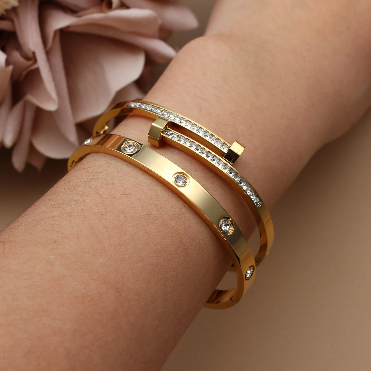 Stainless Steel Bangle Four-leaf Clover Crystal Design Stacking Bracelet Bangle