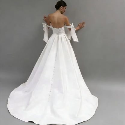 Elegant Simple Satin Sweetheart Wedding Bow Pleated High Slit Bridal Button A-line Bride Dress
