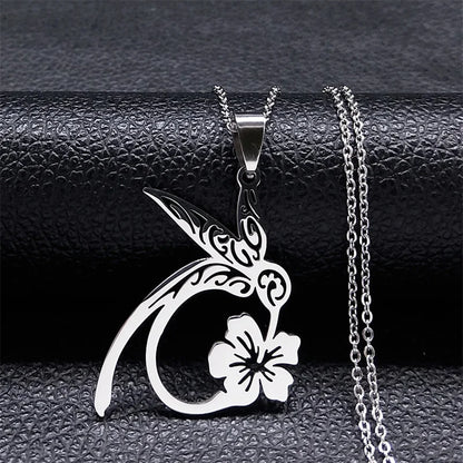 Bird Hummingbird Flower Necklace for Women Men Stainless Steel Gold Color Animal Pendant Necklaces Jewelry collar colibri N4626S