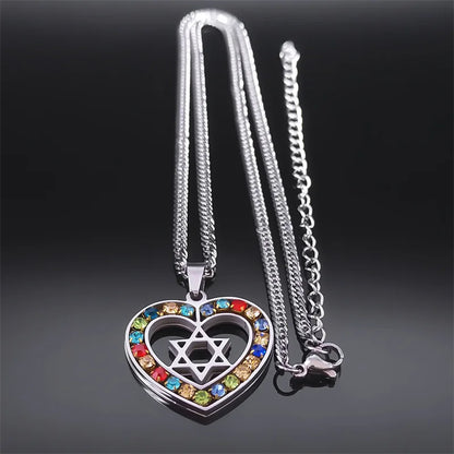 Women Men Silver Color Stainless Steel Jewish Star of David Hexagram Heart Shape Necklace
