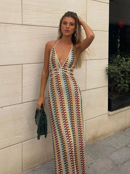 Women Contrast Striped Knit Halter Fashion Loose Backless Maxi Party Long Dress