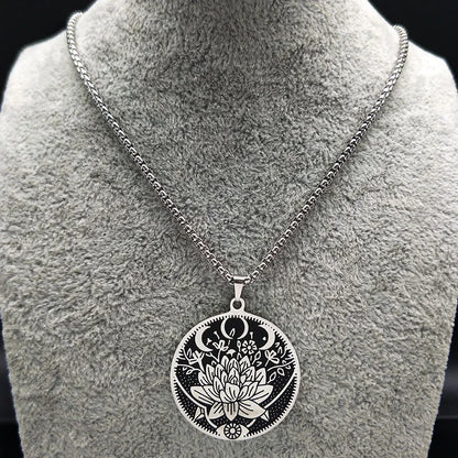 2024 Wicca Lotus Stainless Steel Black Silver Color Chain Pendant Necklace