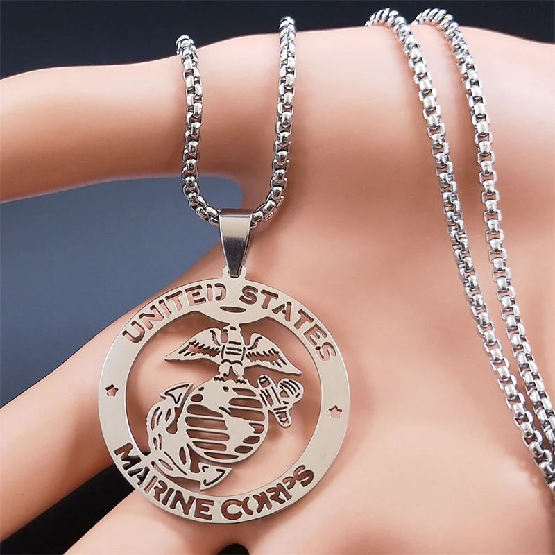 Men Stainless Steel Silver Color United State Marine Corps Pendant Necklace