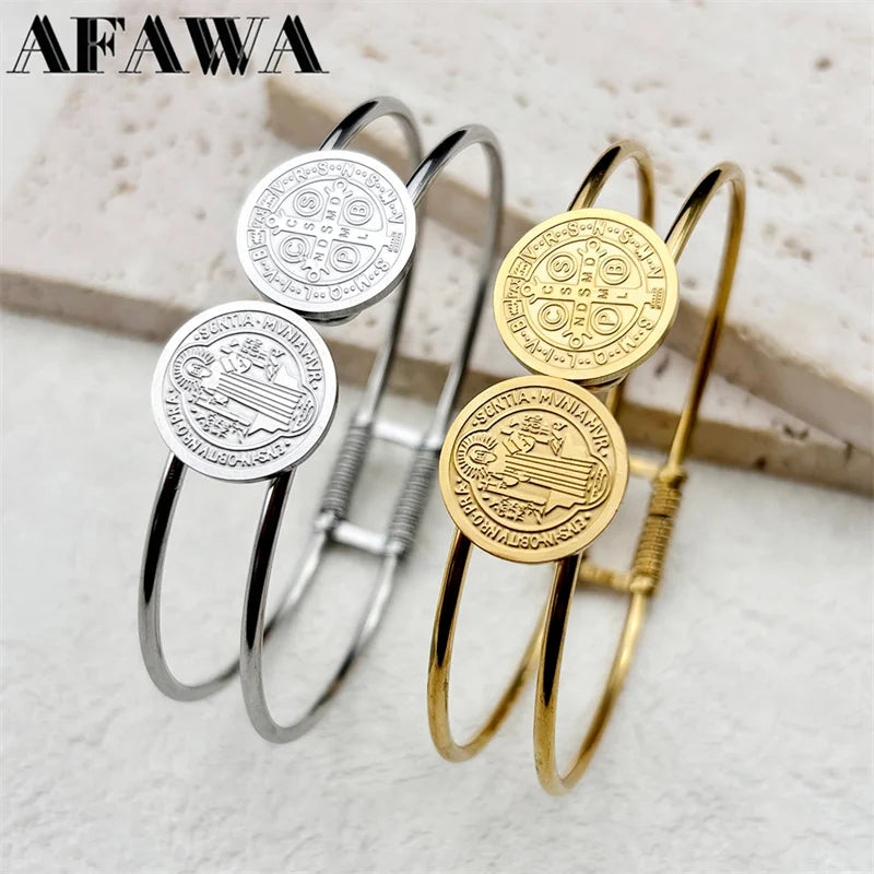 Women Men Stainless Steel Gold Silver Color Saint Benedict Medal Double Line Bangle Bracelet