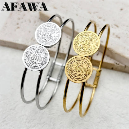 Women Men Stainless Steel Gold Silver Color Saint Benedict Medal Double Line Bangle Bracelet