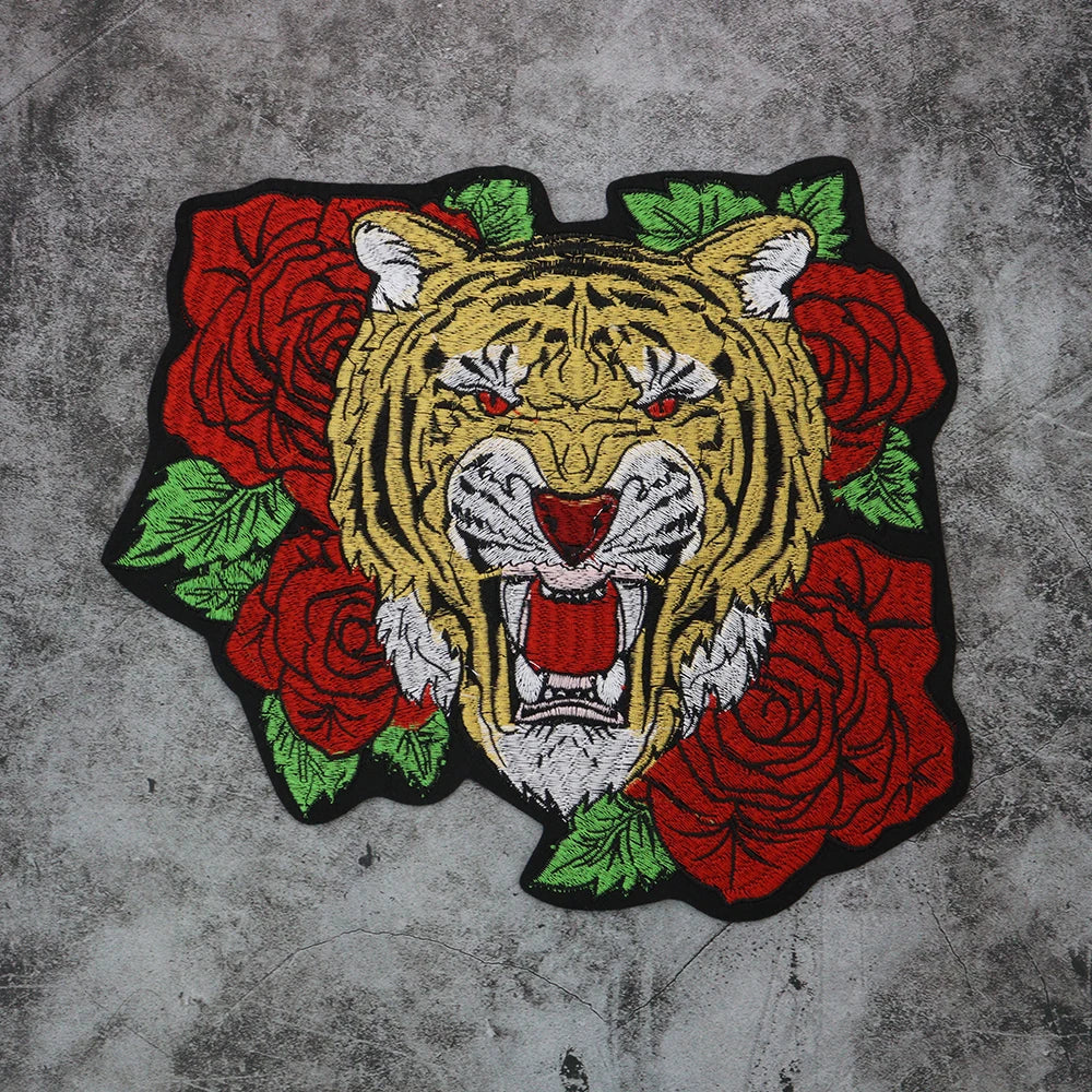 Large Size Biker Applique Fierce Tiger head Embroidery Patches Iron on for Clothes Animal Stickers Patch