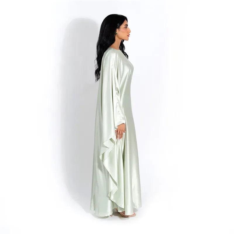 Women Satin Cloak Long Sleeve Loose Kaftan Fashion O Neck Long Dress