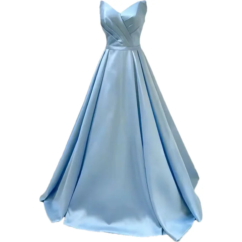 Women Strapless Simple Satin A Line Evening Party Formal Gown Corset Pleat Sweetheart Long Prom Dress w/Pocket