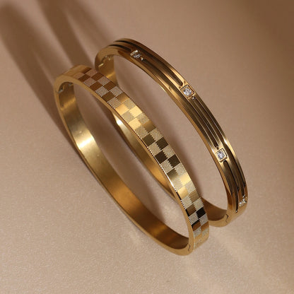 Luxury Polished Checkered Design Stainless Steel Crystal Wedding Party Bangle Bracelet