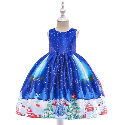 Kids Girls Princess Cartoon Santa Claus Snowflake Costume Xmas Party Print Dress