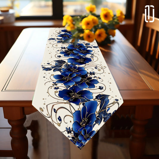Blue Modern Abstract Flower Pattern Table Runner Ink Flower Tabletop Home Decor
