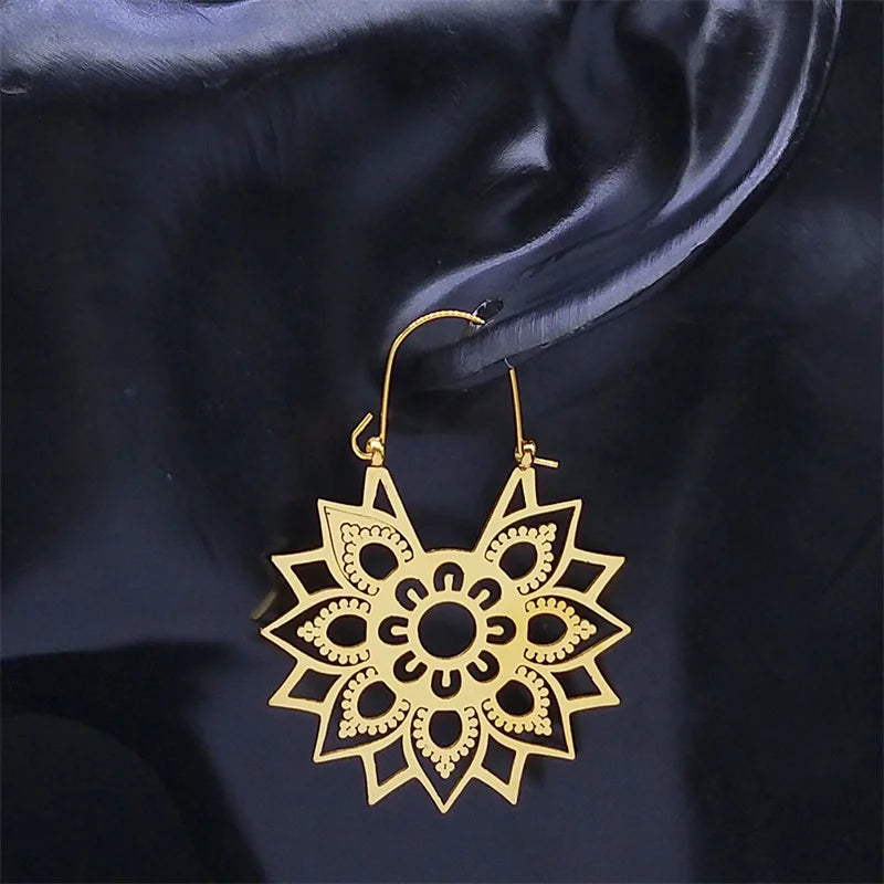 Women Yoga Lotus Flower Stainless Steel Gold Color Hoop Earrings