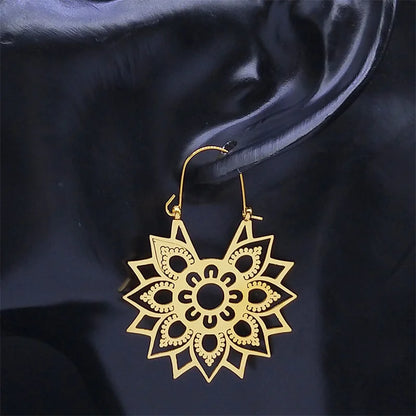 Women Yoga Lotus Flower Stainless Steel Gold Color Hoop Earrings
