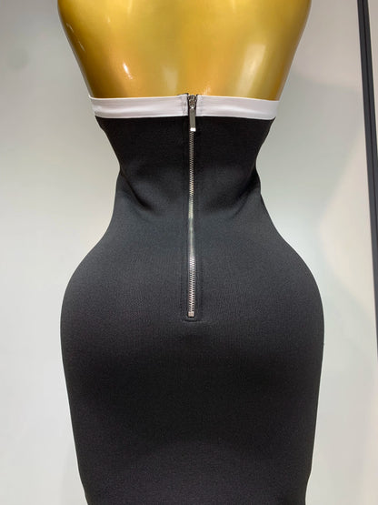 Women Fashion Celebrity Sexy Backless Rose Flower Midi Black Jacquard Bandage Party Dress
