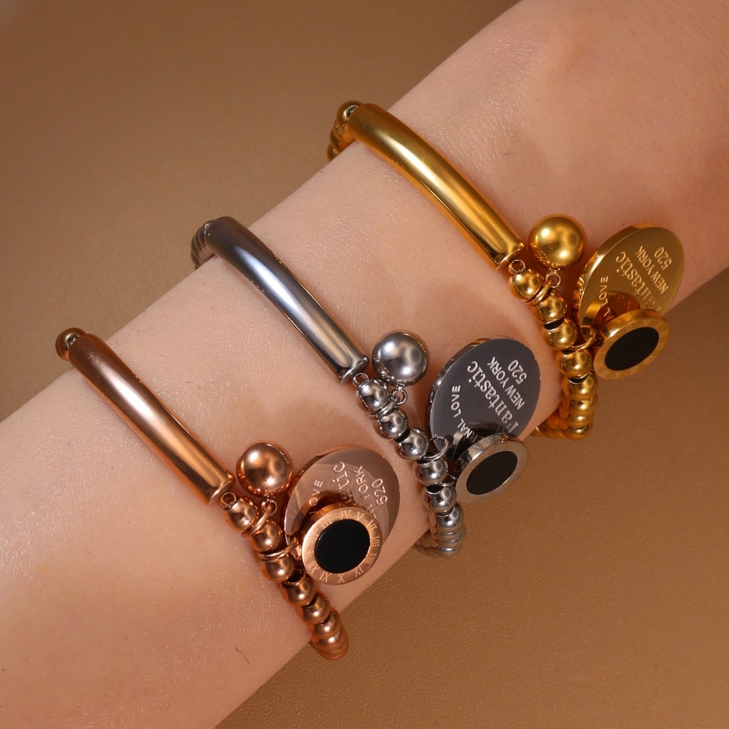 Luxury Women Roman Numeral Bead 18K Gold-Plated Stainless Steel Bangle Bracelet