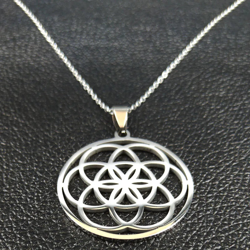 Women Men Sacred Geometry Seed of Life Talisman Yoga Flower of Life Stainless Steel Mandala Necklace