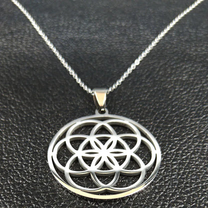 Women Men Sacred Geometry Seed of Life Talisman Yoga Flower of Life Stainless Steel Mandala Necklace