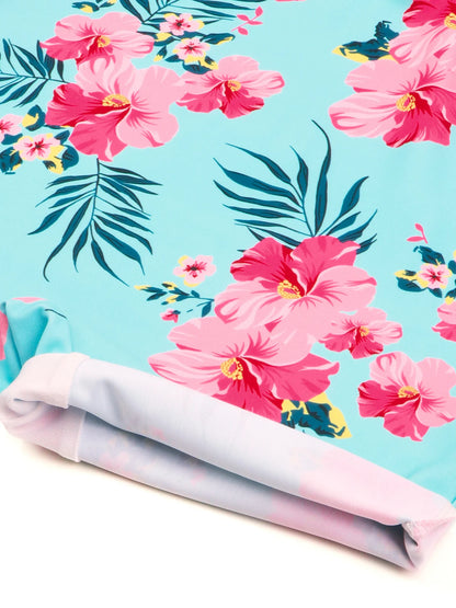 Girls Kids One Piece Long Sleeve Floral Print Beach Swim Rash Guard Boyleg Shorts Swimwear