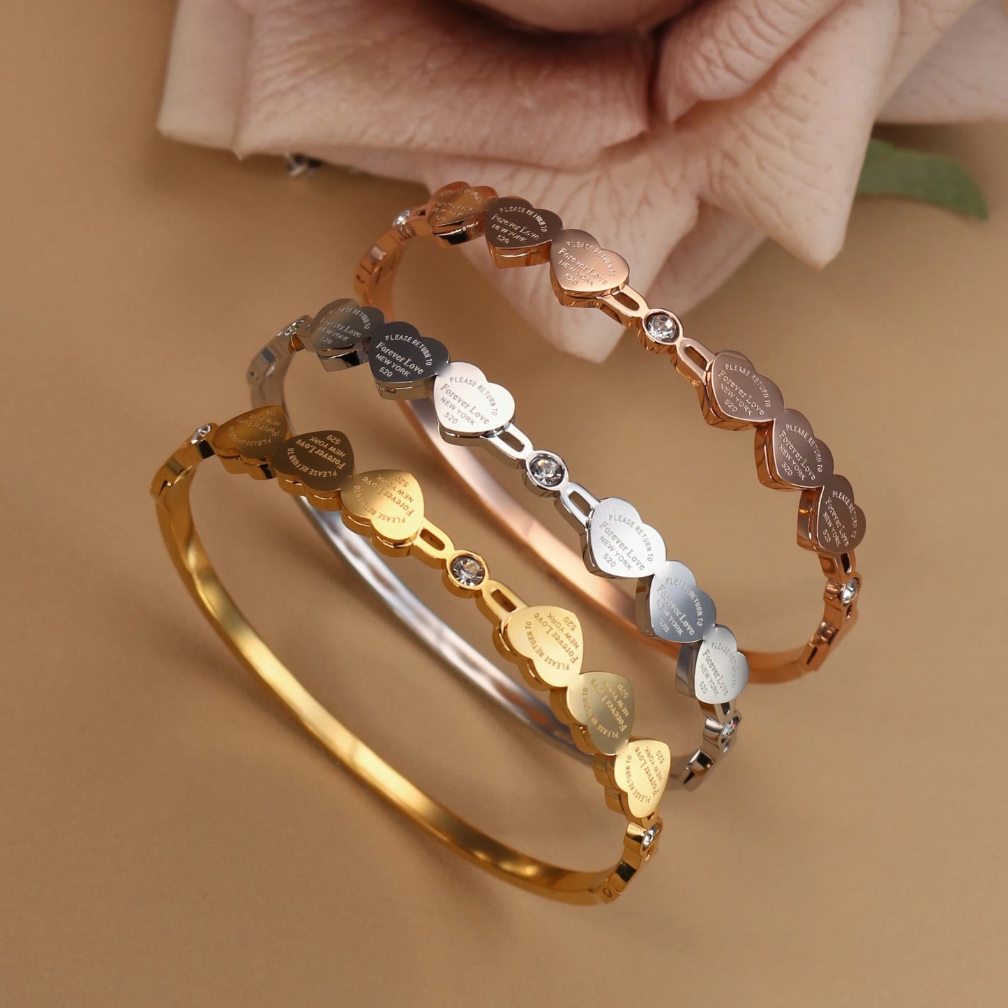 Delicate Stainless Steel Gold Color Peach Heart Crystal Design Charm Bangle Bracelet