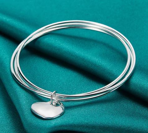 925 Sterling Silver Three Circle Heart Wedding Party Engagement Woman Fashion Charm Bangle Bracelet