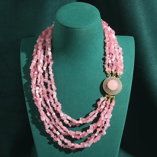 Vintage Women Twisted Gravel Chain Layered Gold Color Round Rose Quartz Wedding Pink Necklace