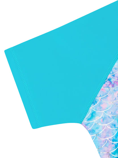 Kids Girls Short Sleeve Shinny Beach Sky Blue Skirted Bikini Briefs Swimming Suit