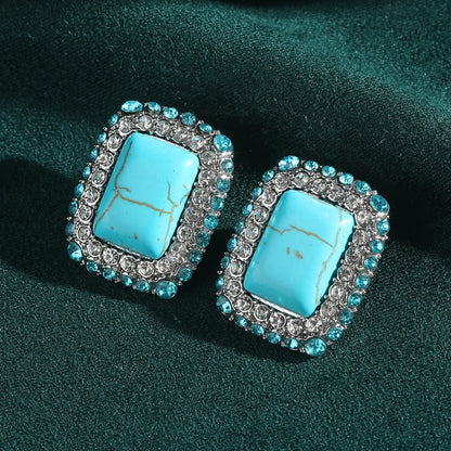Vintage Wedding Natural Stone Square Blue Rhinestones Antique Studs Earrings