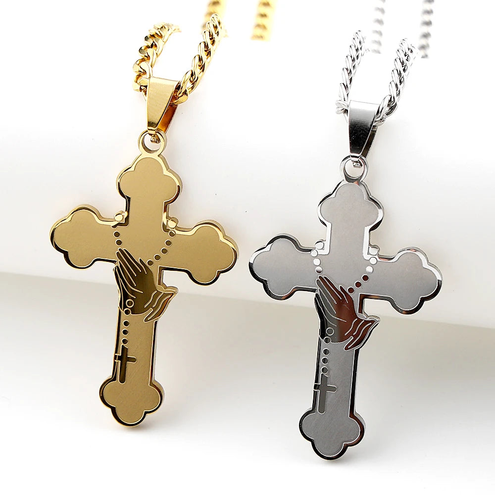 Women Men Gold Catholic Faith Rosary Jesus Cross Praying Hand Stainless Steel Box Chain Pendant Necklace