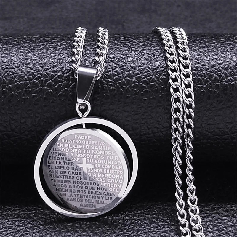 Stainless Steel Spanish Religious Christian Bible Lords Prayer Cross Pendant Necklace