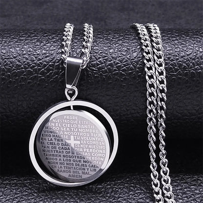 Stainless Steel Spanish Religious Christian Bible Lords Prayer Cross Pendant Necklace