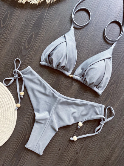 Solid Color Bikini Swimsuit Hanging Neck Rope Split Swimsuit 2-piece Beachwear Suit
