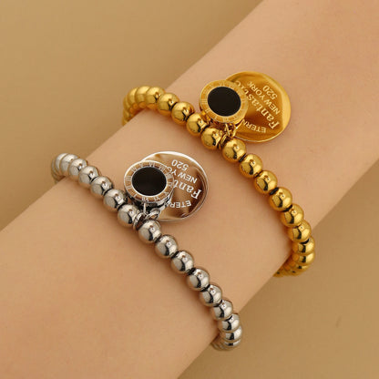 Women Fashion Cutout Medallion Pendant Elastic Rope Stainless Steel Bead Chain Bracelet