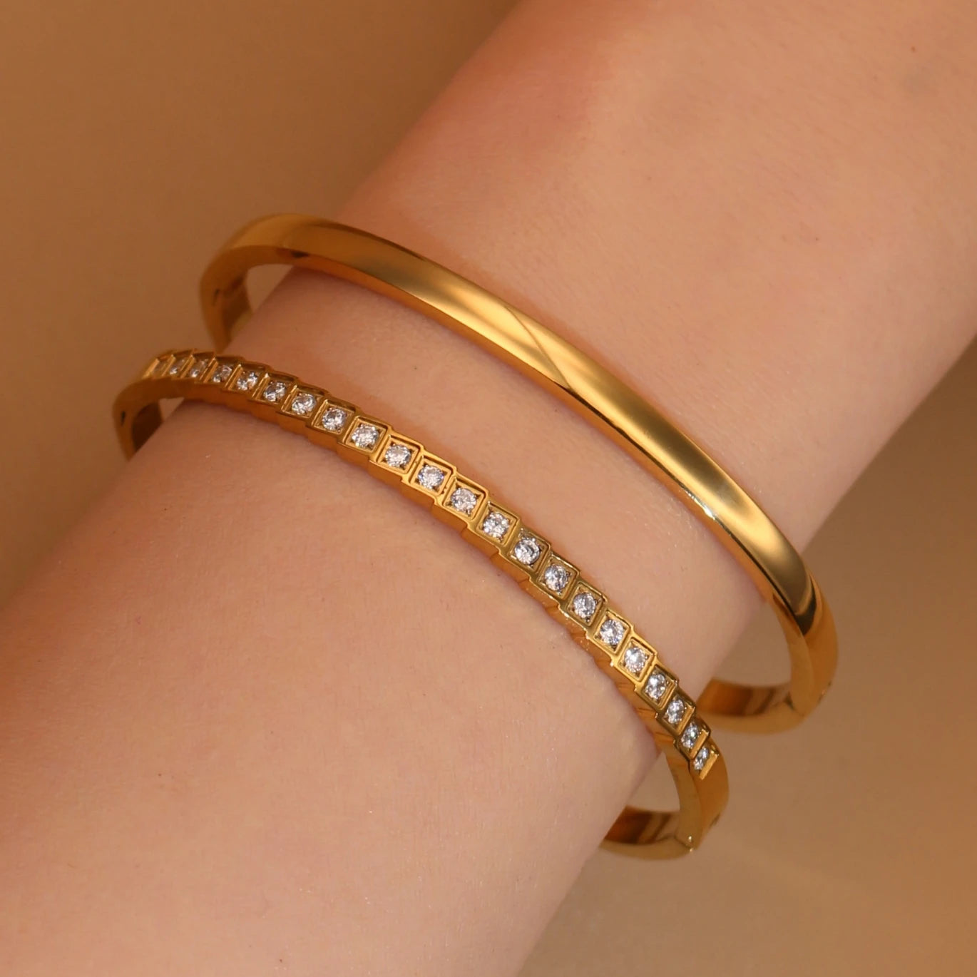 2-in-1 Women 18 K Gold Plated Zircon Stainless Steel Curved Bracelet Gift Bangle